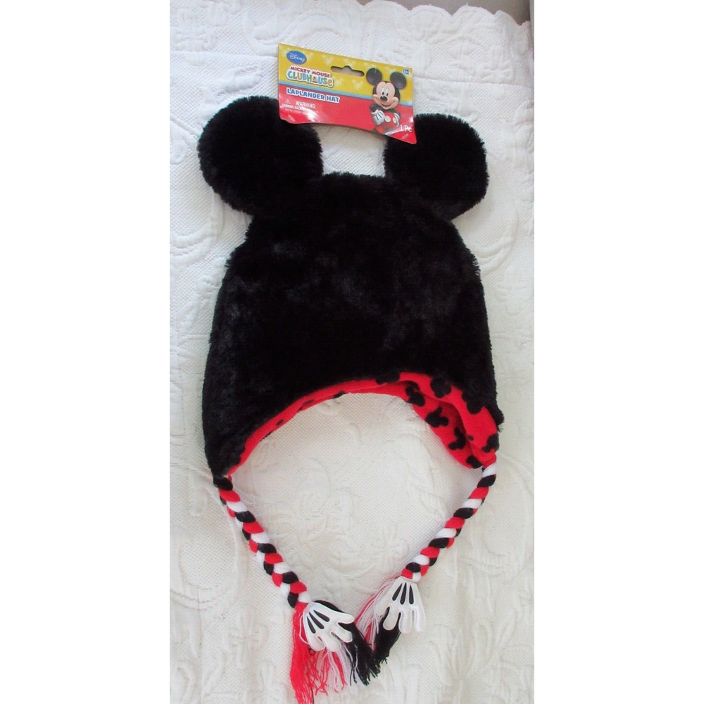 Disney Mickey Mouse Clubhouse Ears W/Braids Black Fluffy Beanie SKI Hat NEW